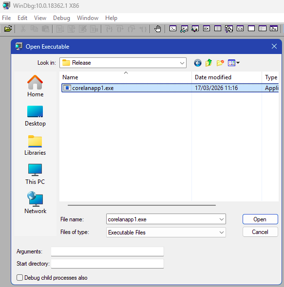 Open Executable in WinDBG Classic